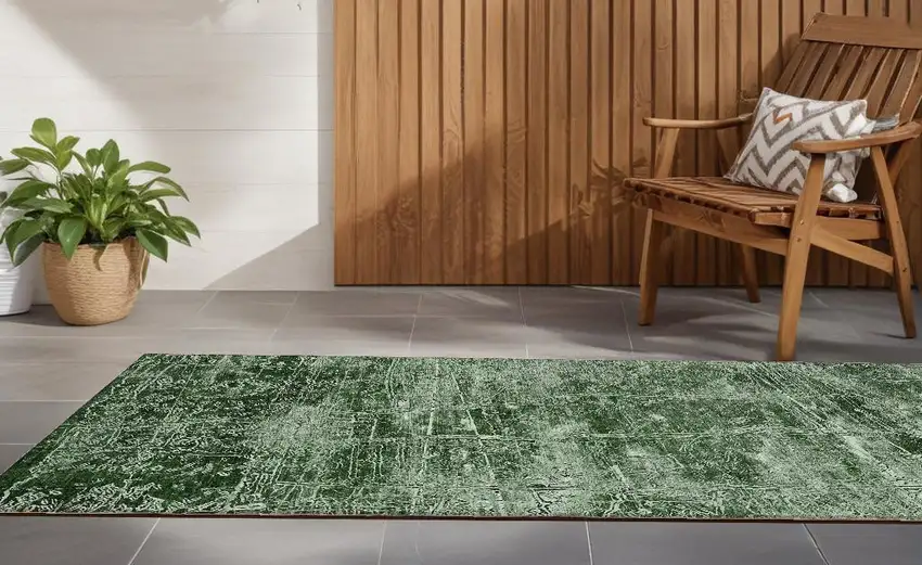 8' Runner Emerald Abstract Washable Non Skid Indoor Outdoor Runner Rug Photo 1