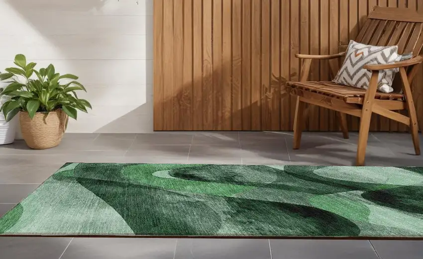Fern Green Abstract Washable Non Skid Indoor Outdoor Runner Rug Photo 1