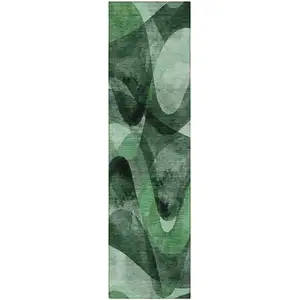 Photo of 8' Runner Fern Green Abstract Washable Non Skid Indoor Outdoor Runner Rug