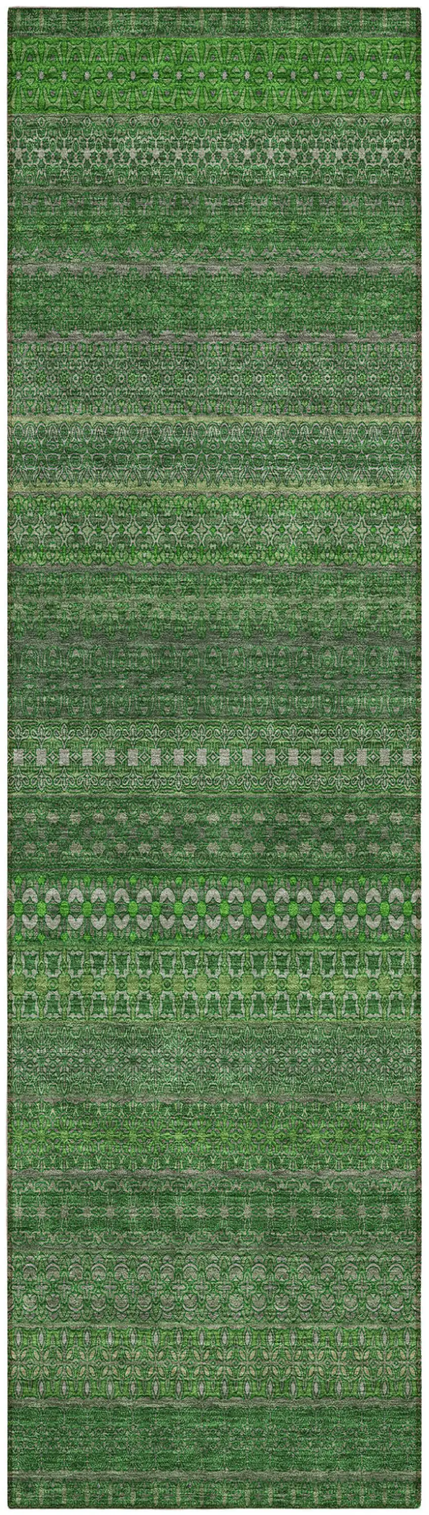 Fern Green Striped Washable Indoor Outdoor Runner Rug Photo 2
