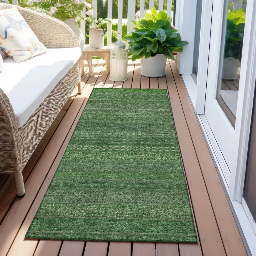 Fern Green Striped Washable Indoor Outdoor Runner Rug Photo 8