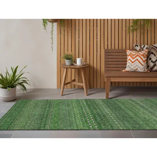 Fern Green Striped Washable Indoor Outdoor Runner Rug Photo 1