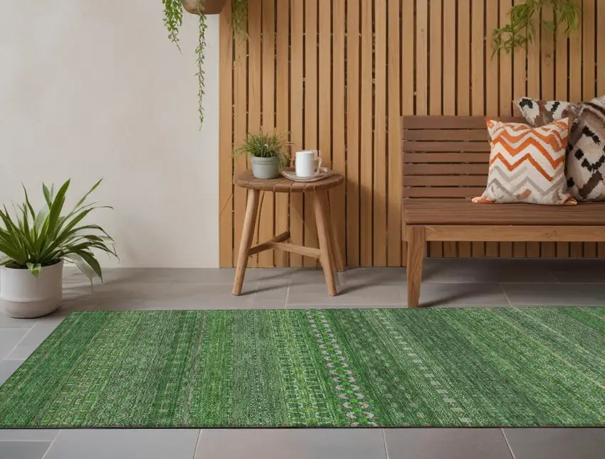 Fern Green Striped Washable Indoor Outdoor Runner Rug Photo 1
