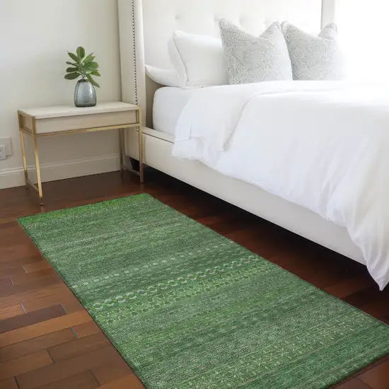 Fern Green Striped Washable Indoor Outdoor Runner Rug Photo 9