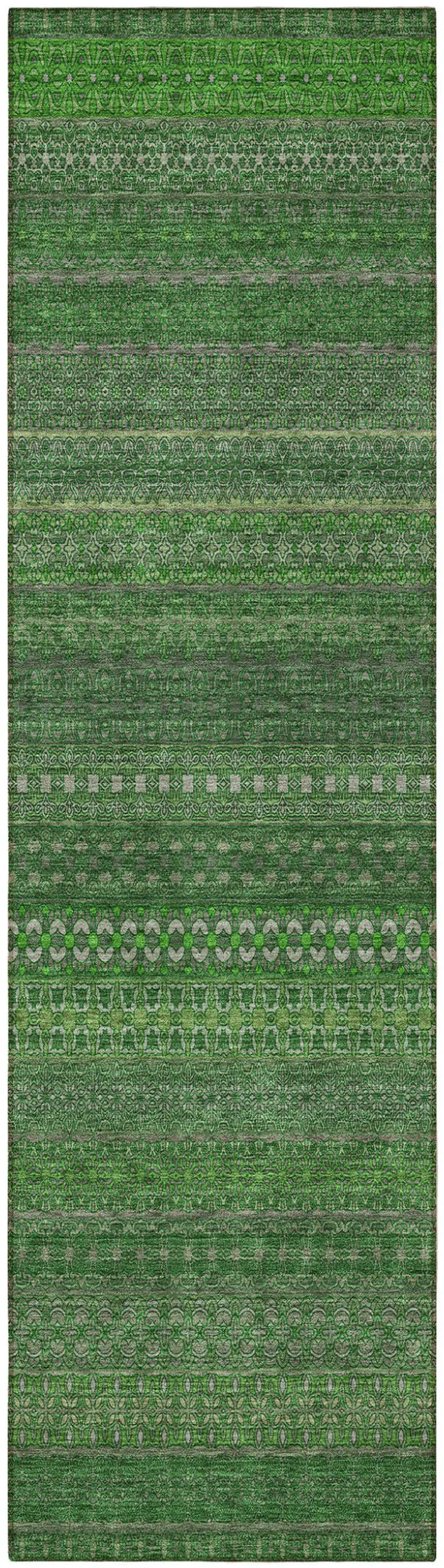 Fern Green Striped Washable Indoor Outdoor Runner Rug Photo 5