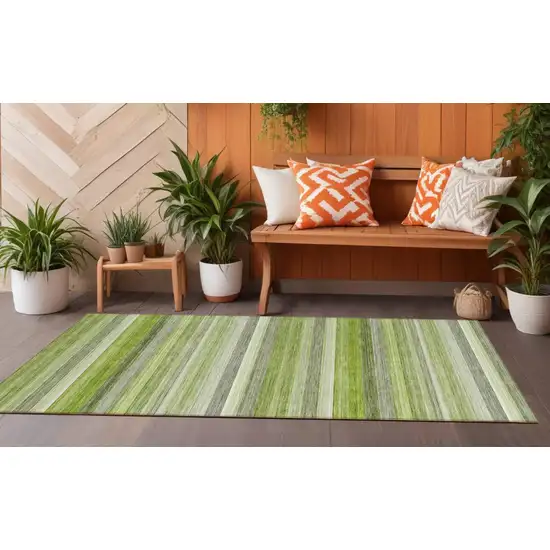 Fern Green Striped Washable Non Skid Indoor Outdoor Runner Rug Photo 1