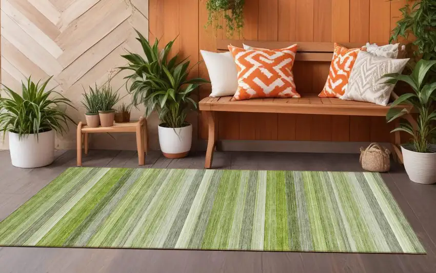 Fern Green Striped Washable Non Skid Indoor Outdoor Runner Rug Photo 1