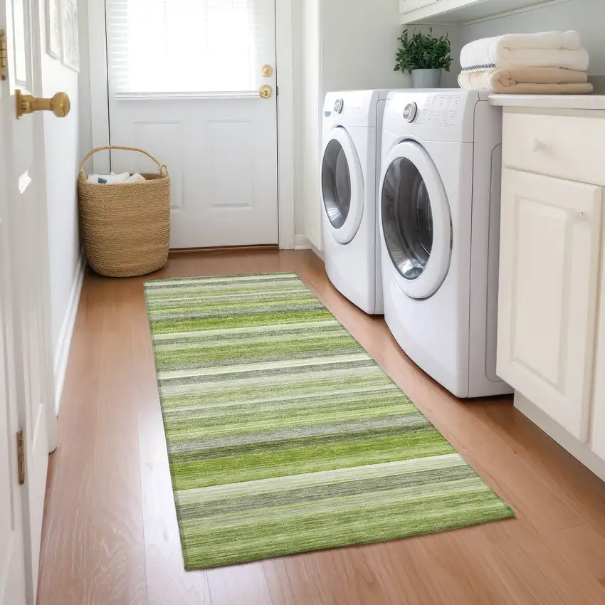 Fern Green Striped Washable Non Skid Indoor Outdoor Runner Rug Photo 7