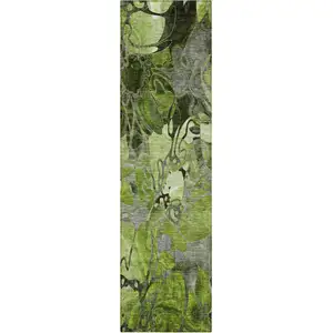 Photo of 8' Runner Fern Green and Gray Floral Washable Non Skid Indoor Outdoor Runner Rug
