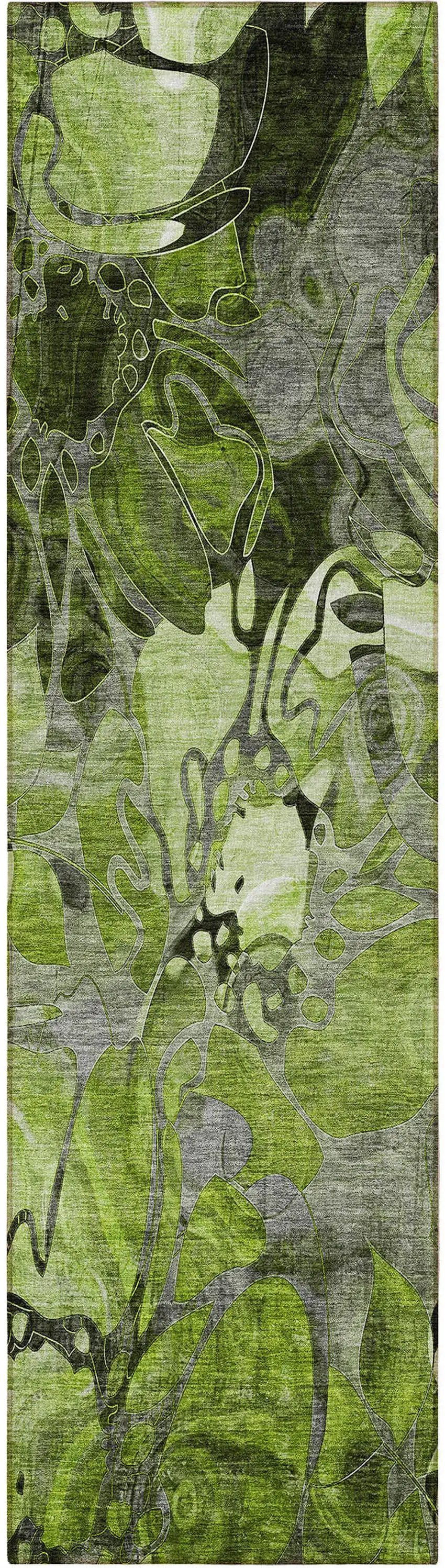 8' Runner Fern Green and Gray Floral Washable Non Skid Indoor Outdoor Runner Rug Photo 5