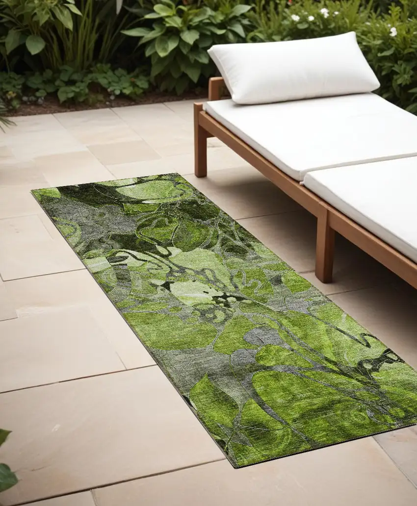 Fern Green and Gray Floral Washable Non Skid Indoor Outdoor Runner Rug Photo 1