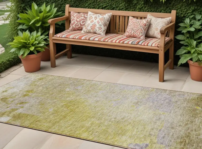 8' Runner Gold Beige and Purple Abstract Washable Non Skid Indoor Outdoor Runner Rug Photo 1