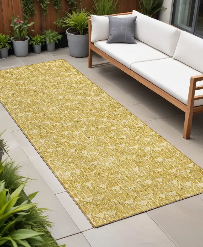Gold Geometric Washable Non Skid Indoor Outdoor Runner Rug Photo 1