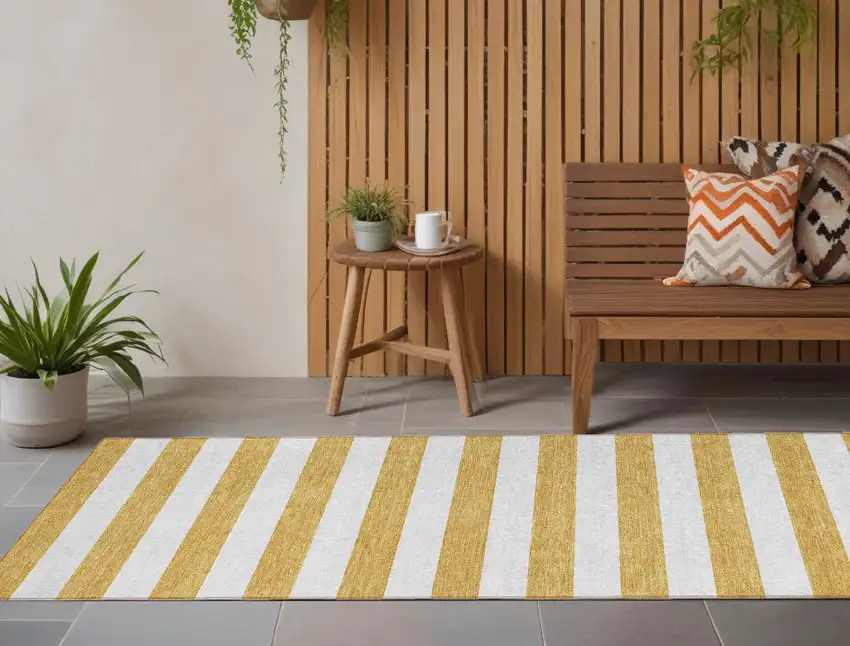 8' Runner Gold Striped Washable Non Skid Indoor Outdoor Runner Rug Photo 1