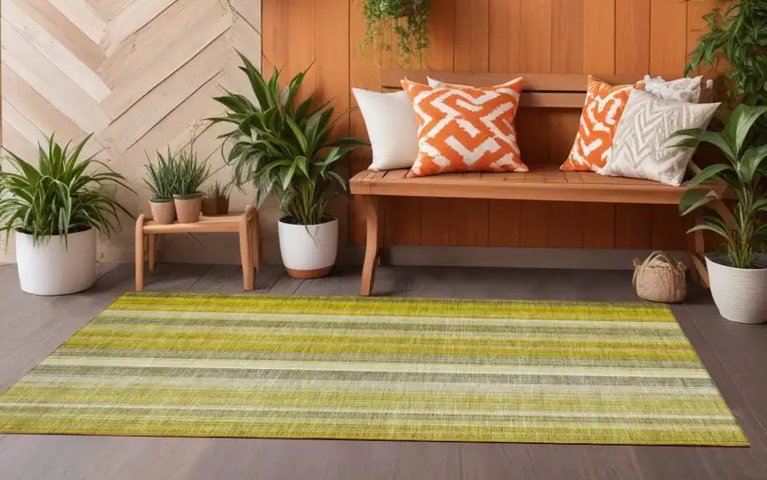 Gold Striped Washable Non Skid Indoor Outdoor Runner Rug Photo 1