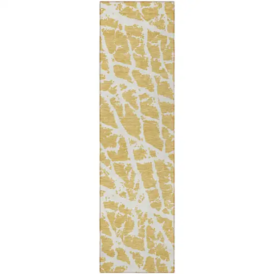 8' Runner Gold and White Abstract Washable Non Skid Indoor Outdoor Runner Rug Photo 4