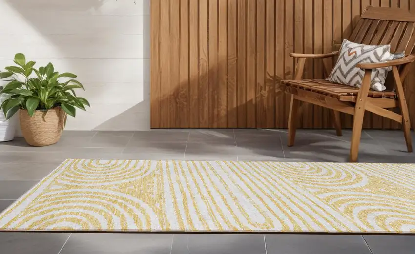 8' Runner Gold and White Abstract Washable Non Skid Indoor Outdoor Runner Rug Photo 1