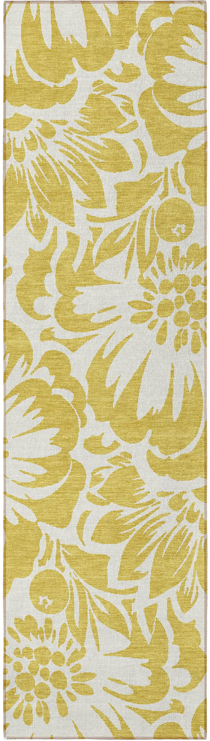 Gold and White Floral Washable Non Skid Indoor Outdoor Runner Rug Photo 4