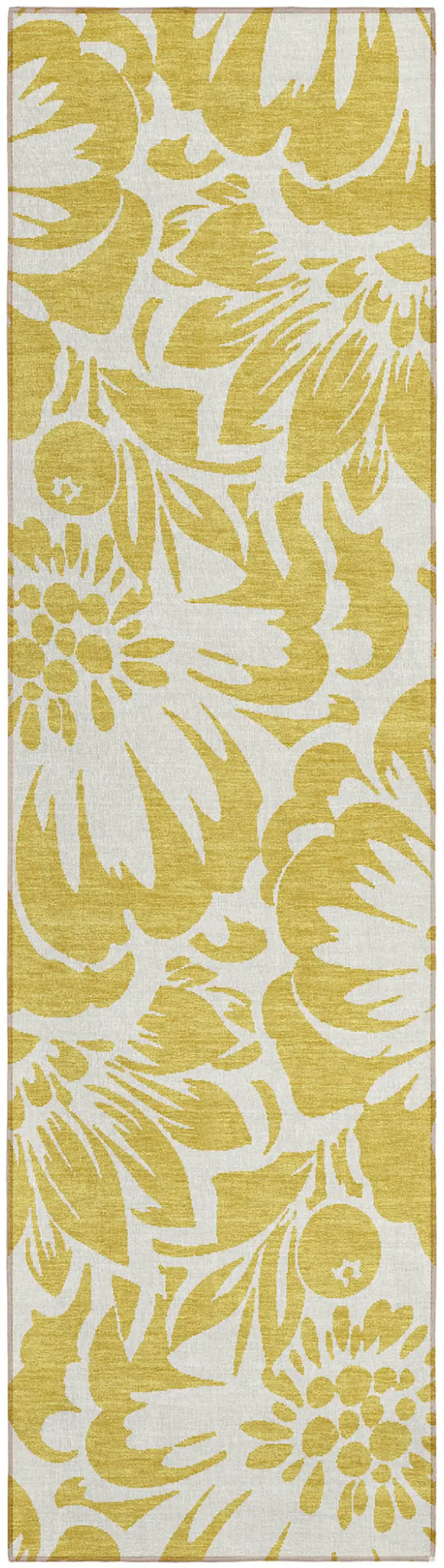 Gold and White Floral Washable Non Skid Indoor Outdoor Runner Rug Photo 2