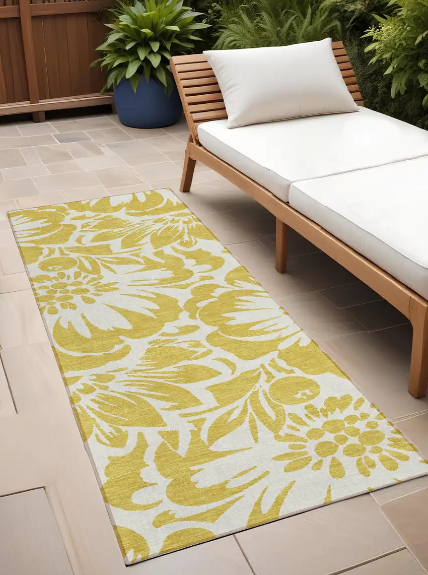 Gold and White Floral Washable Non Skid Indoor Outdoor Runner Rug Photo 1
