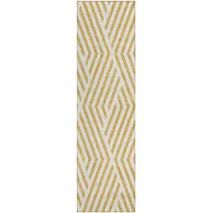 Photo of 8' Runner Gold and White Geometric Washable Non Skid Indoor Outdoor Runner Rug