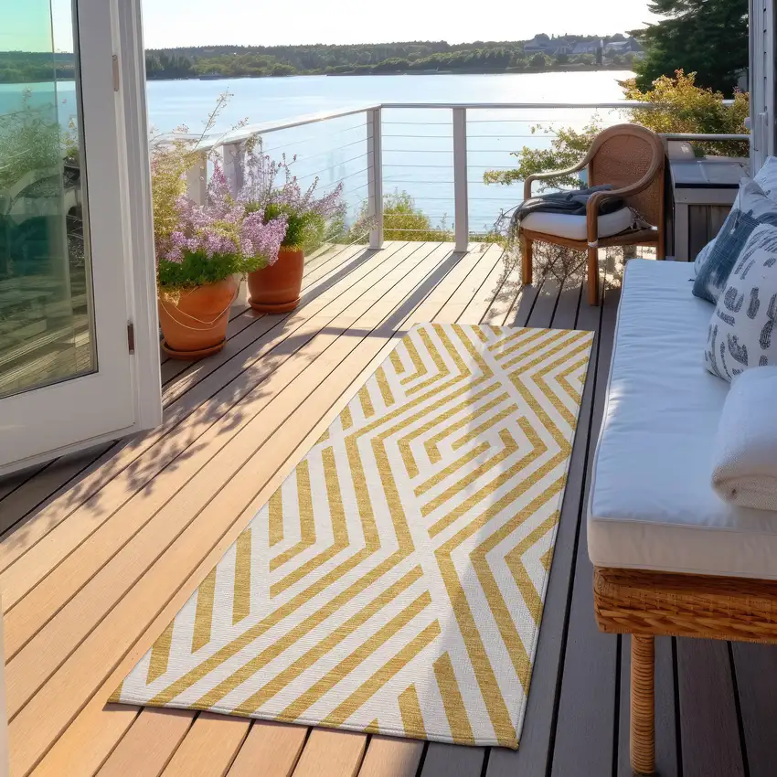 Gold and White Geometric Washable Non Skid Indoor Outdoor Runner Rug Photo 8