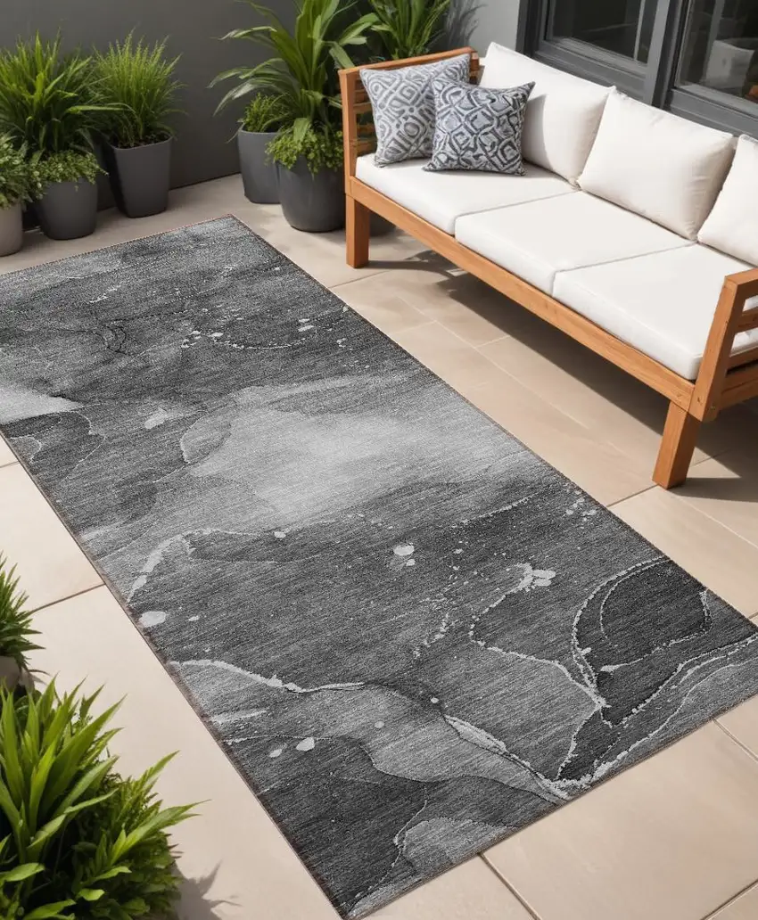 8' Runner Gray Abstract Washable Non Skid Indoor Outdoor Runner Rug Photo 1