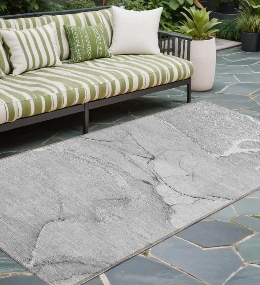 Gray Abstract Washable Non Skid Indoor Outdoor Runner Rug Photo 1