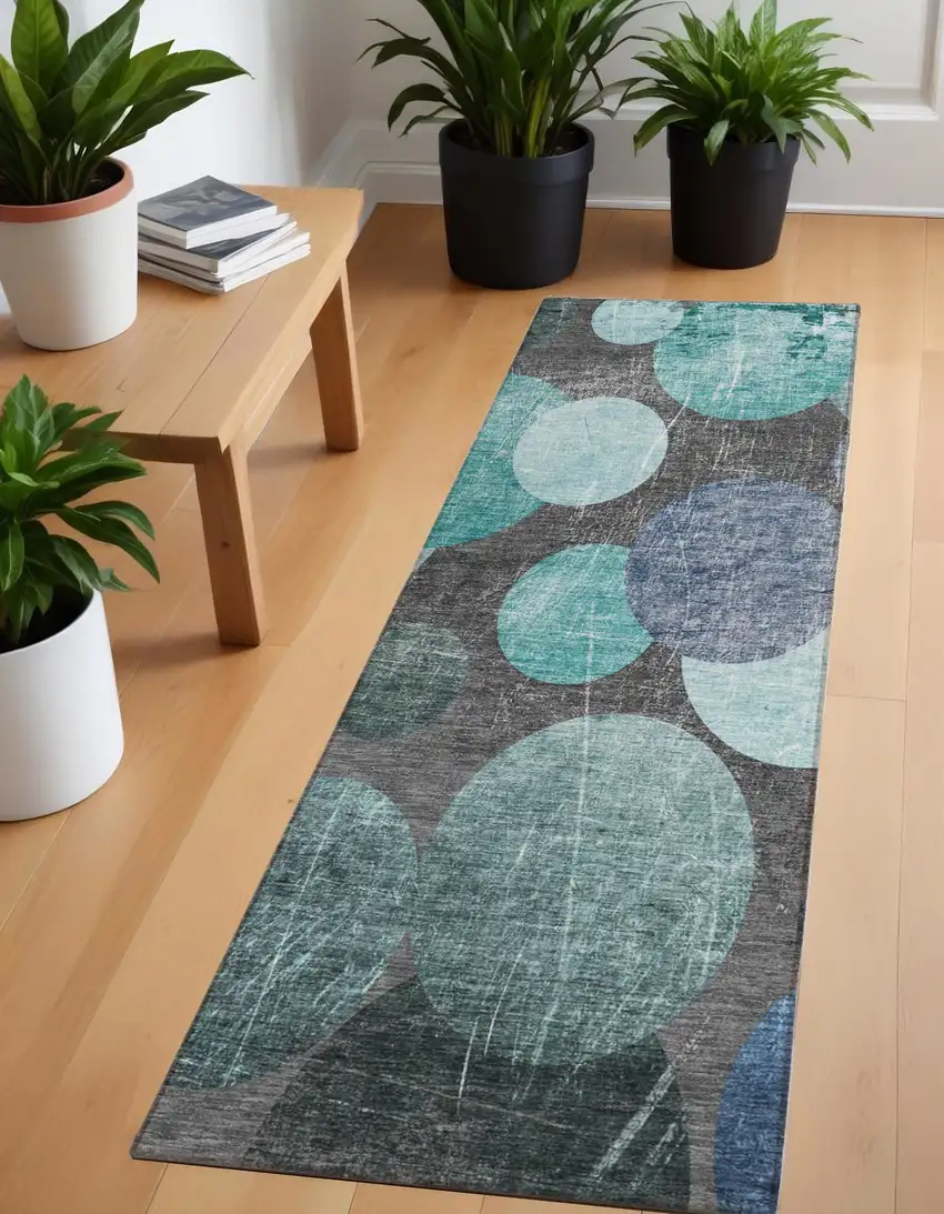 Gray Blue and Purple Abstract Washable Non Skid Indoor Outdoor Runner Rug Photo 1