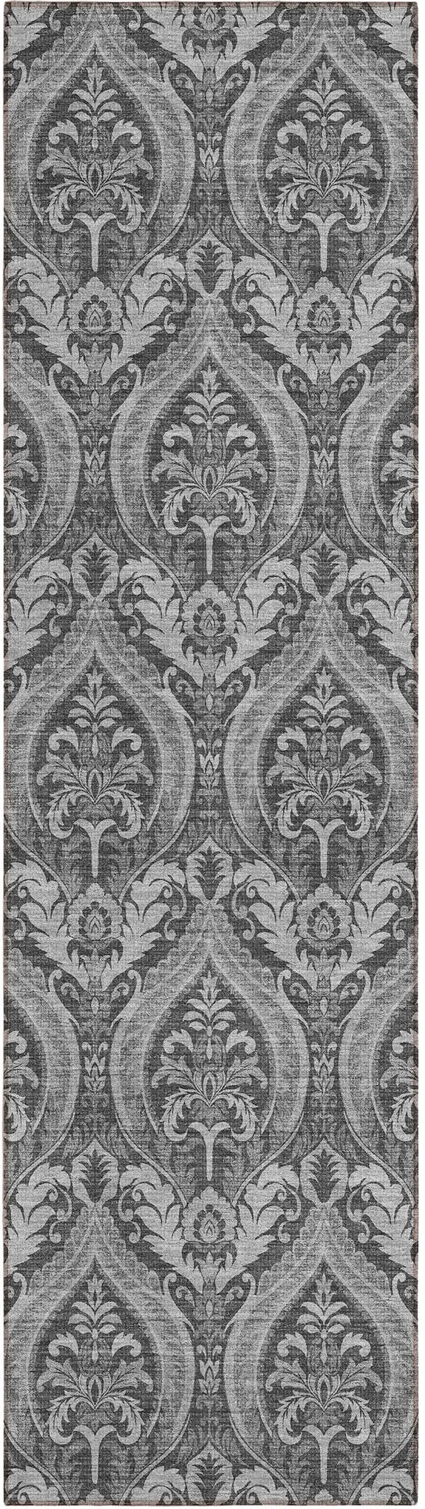 8' Runner Gray Damask Washable Non Skid Indoor Outdoor Runner Rug Photo 2