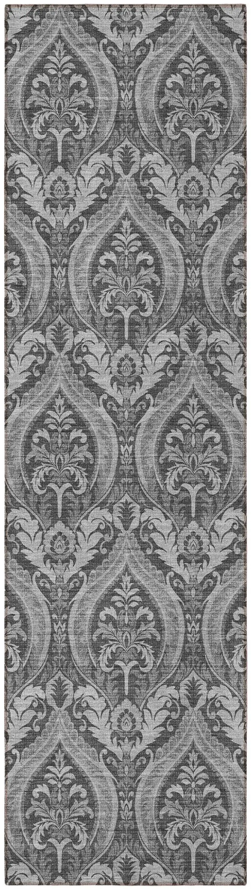 Gray Damask Washable Non Skid Indoor Outdoor Runner Rug Photo 5