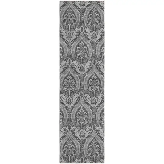 Gray Damask Washable Non Skid Indoor Outdoor Runner Rug Photo 2