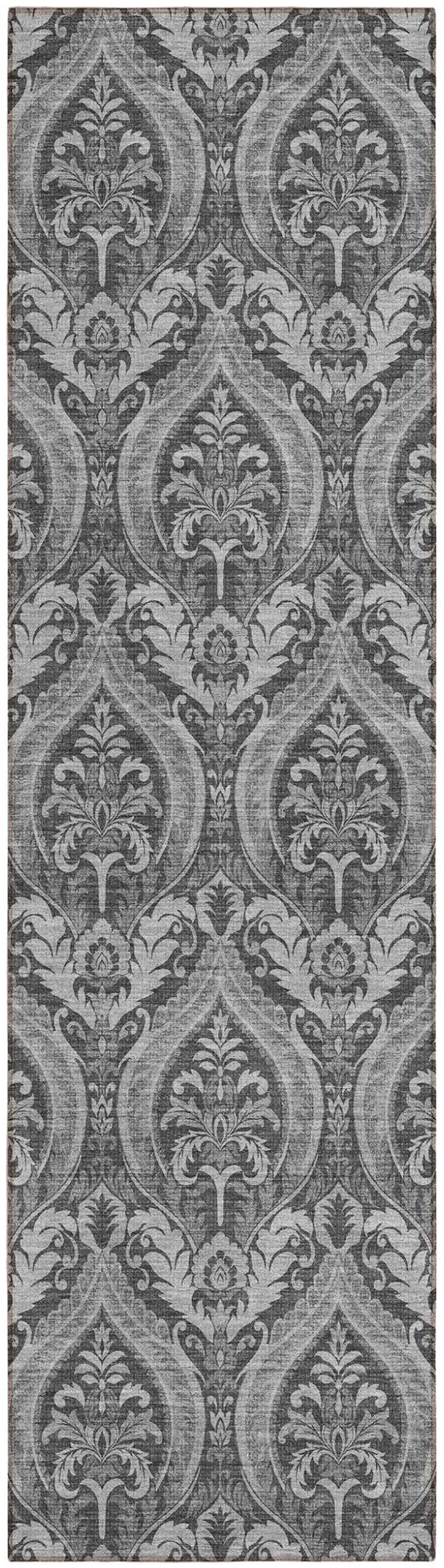 Gray Damask Washable Non Skid Indoor Outdoor Runner Rug Photo 2