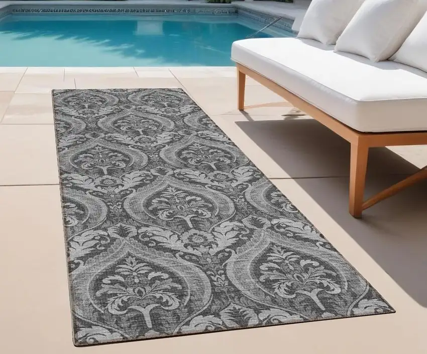 8' Runner Gray Damask Washable Non Skid Indoor Outdoor Runner Rug Photo 1