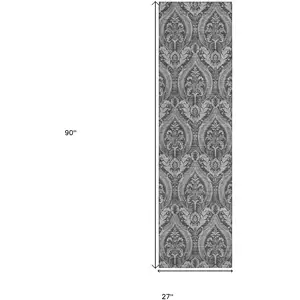 Photo of 8' Runner Gray Damask Washable Non Skid Indoor Outdoor Runner Rug