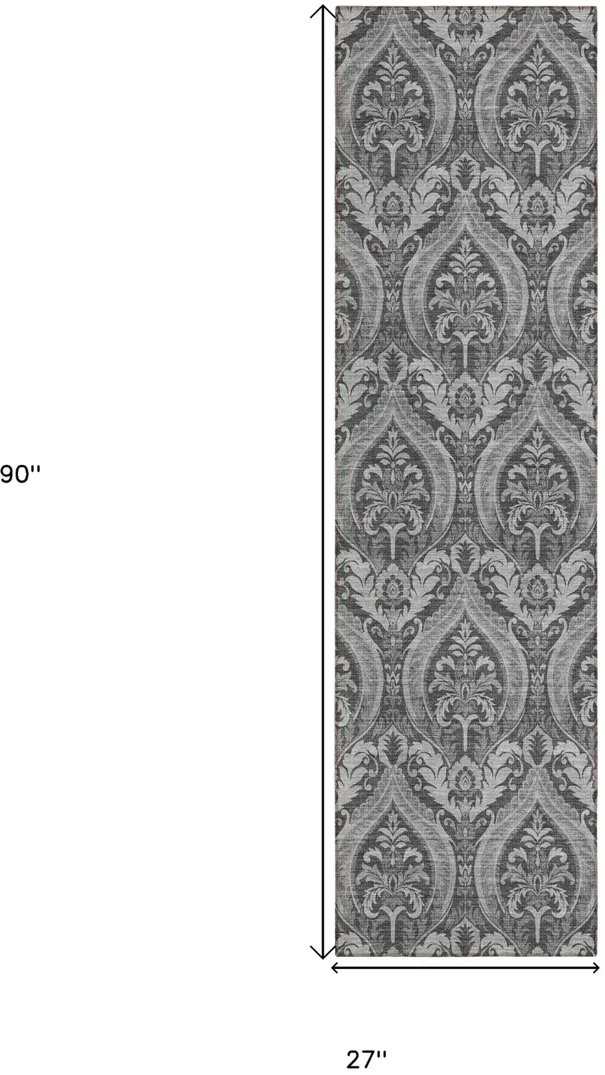 8' Runner Gray Damask Washable Non Skid Indoor Outdoor Runner Rug Photo 3