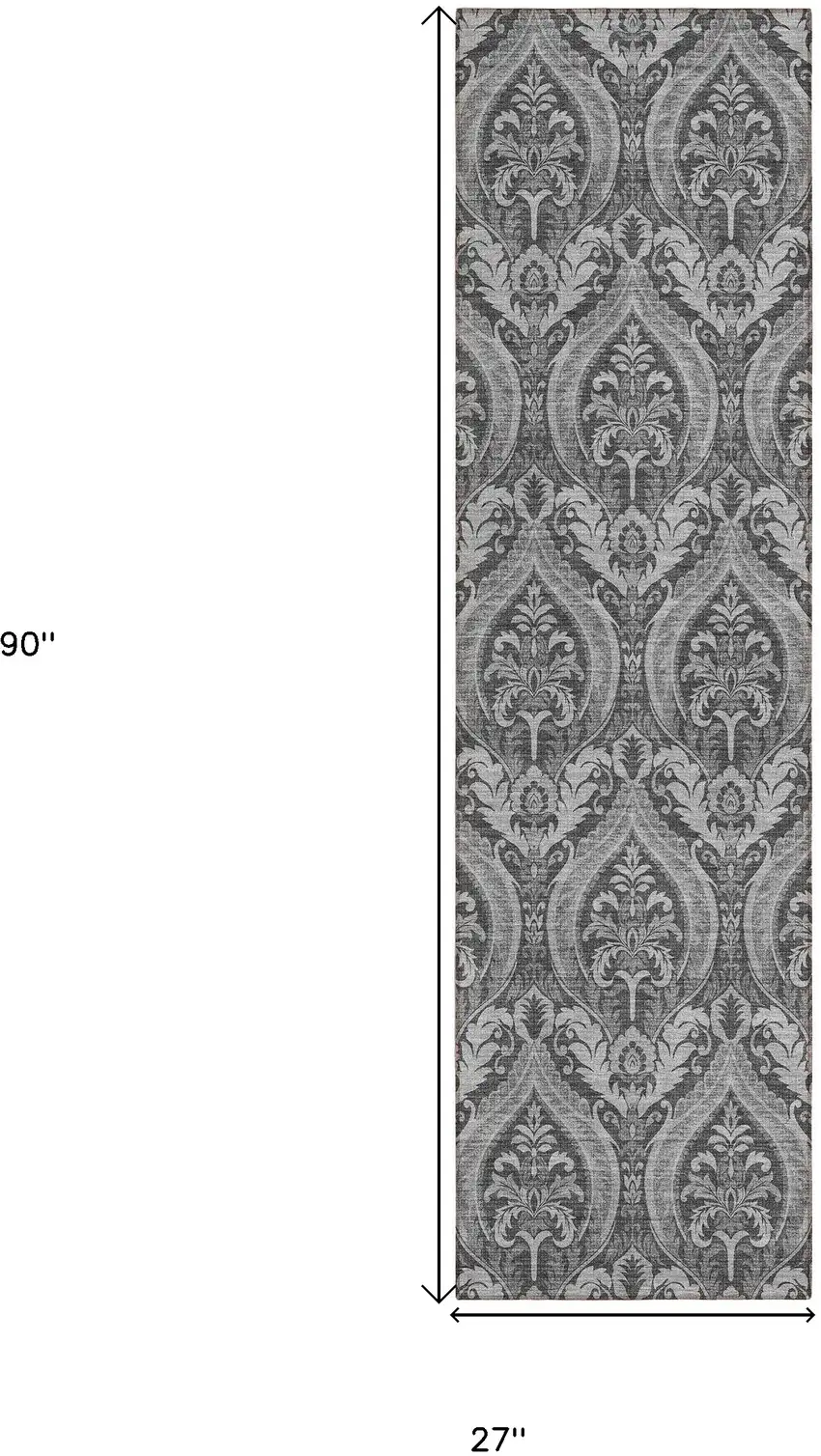 8' Runner Gray Damask Washable Non Skid Indoor Outdoor Runner Rug Photo 3