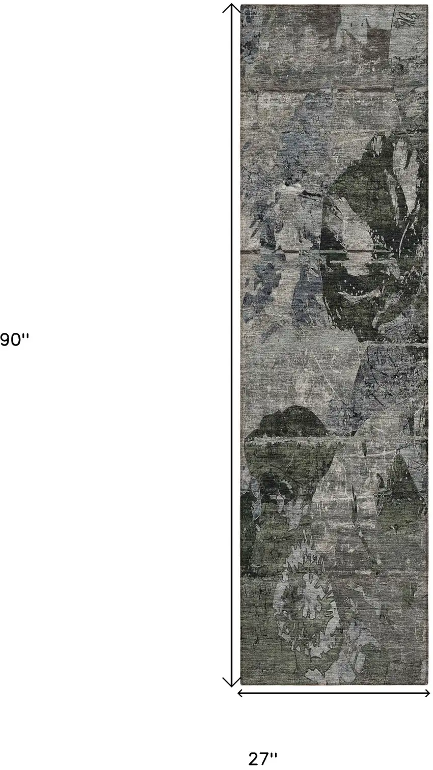 Gray Dark Green and Black Abstract Washable Indoor Outdoor Runner Rug Photo 3