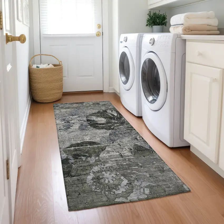 Gray Dark Green and Black Abstract Washable Indoor Outdoor Runner Rug Photo 7