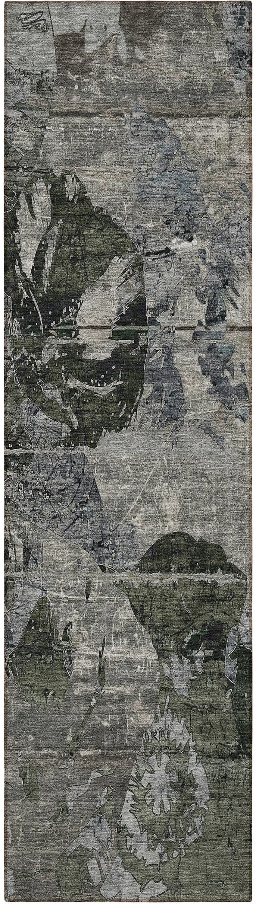 8' Runner Gray Dark Green and Black Floral Washable Non Skid Indoor Outdoor Runner Rug Photo 3