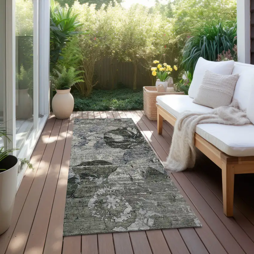 Gray Dark Green and Black Abstract Washable Indoor Outdoor Runner Rug Photo 6