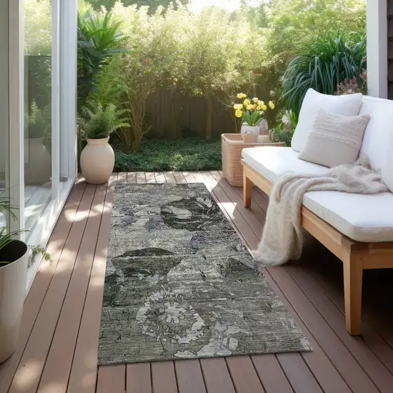 Gray Dark Green and Black Abstract Washable Indoor Outdoor Runner Rug Photo 6