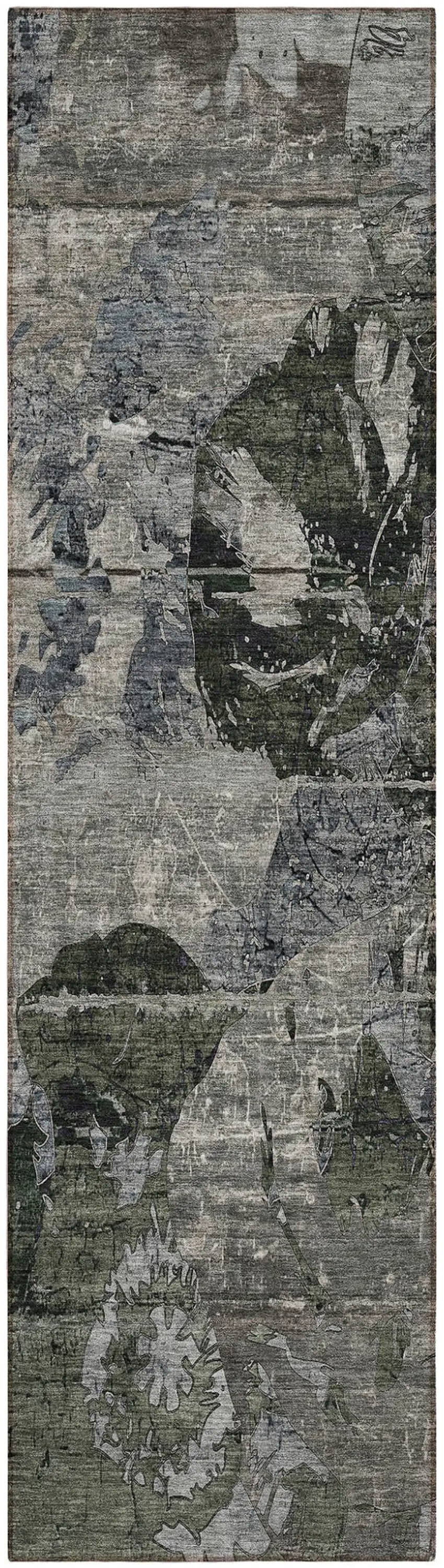 Gray Dark Green and Black Abstract Washable Indoor Outdoor Runner Rug Photo 2