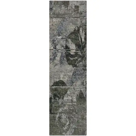 Gray Dark Green and Black Abstract Washable Indoor Outdoor Runner Rug Photo 2