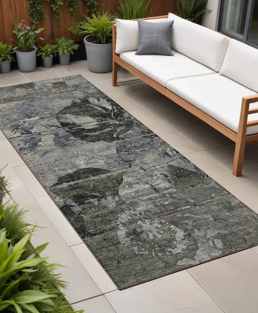 Gray Dark Green and Black Abstract Washable Indoor Outdoor Runner Rug Photo 1