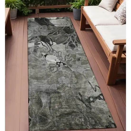 Gray Abstract Washable Indoor Outdoor Runner Rug Photo 1