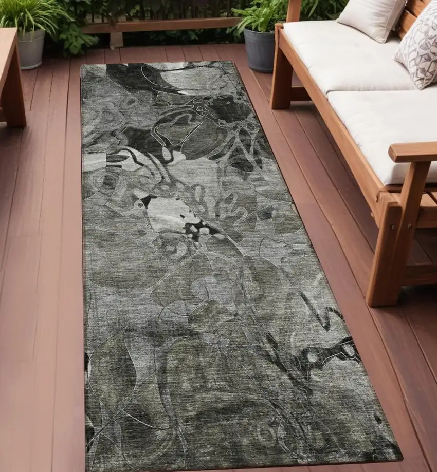 Gray Abstract Washable Indoor Outdoor Runner Rug Photo 1