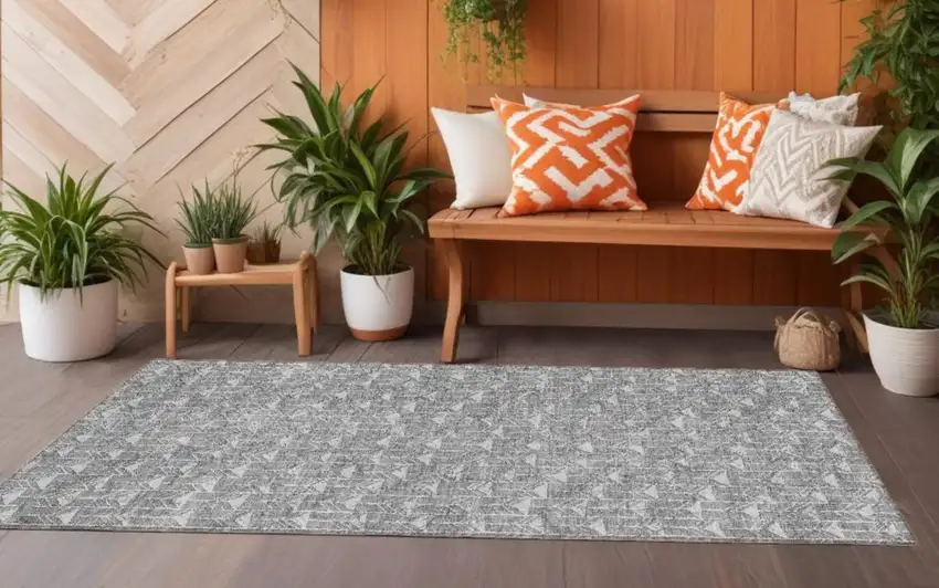 8' Gray Geometric Washable Non Skid Indoor Outdoor Runner Rug Photo 1