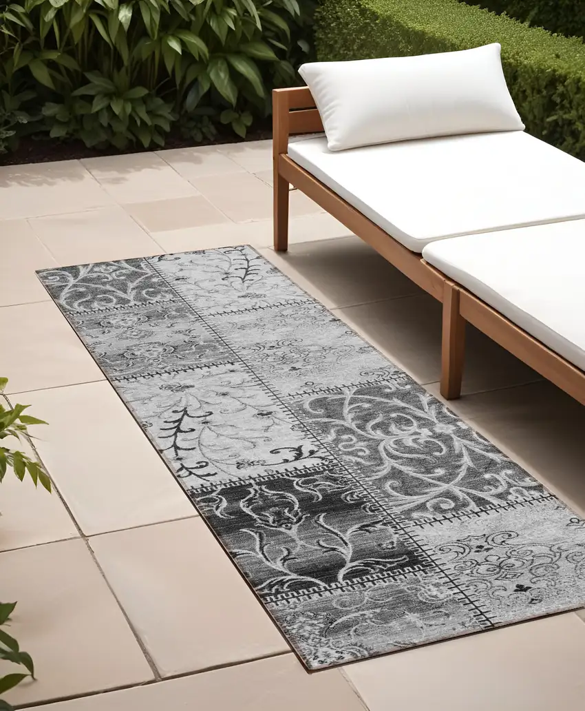 8' Runner Gray Patchwork Washable Non Skid Indoor Outdoor Runner Rug Photo 1