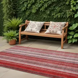 Photo of 8' Runner Gray Pink and Red Striped Washable Non Skid Indoor Outdoor Runner Rug